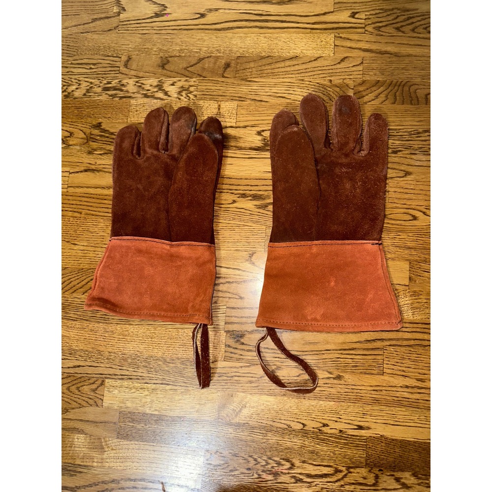 LL Bean Mens Large Suede Work Gloves Plaid Flannel Lined Brown Vintage Gauntlet